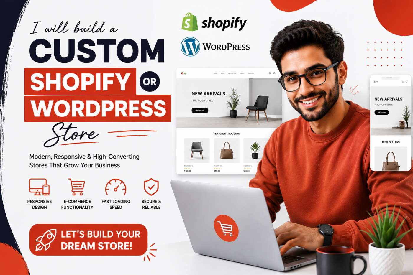 I will build a custom Shopify or WordPress store
